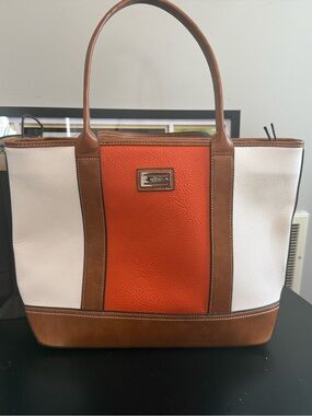 Classic Orange, White & Brown Colorblock Leather Tote